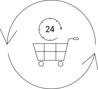 24 saatlik saati olan bir alışveriş arabasının yer aldığı basit bir çizgi sanat ikonu, çevrimiçi alışveriş ve perakende hizmetleri için 24 saat kullanılabilirliği simgeliyor..