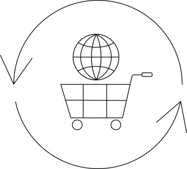 Küresel online alışverişi bir alışveriş arabası, küre ve dairesel oklarla tasvir eden basit bir sanat çizgisi çizimi.