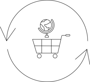İçinde ok olan bir alışveriş arabası. Küresel ticareti ve uluslararası ticareti simgeliyor..