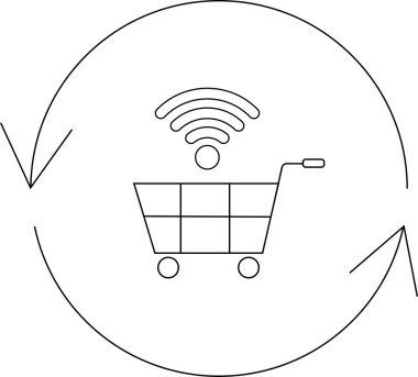 Üzerinde kablosuz oklarla çevrili bir WiFi sembolü olan online bir alışveriş arabasının basit bir çizgisi çizimi..