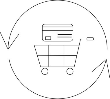 Çevre içi alışveriş döngüsünü temsil eden dairesel bir okla çevrili bir alışveriş arabasındaki kredi kartının basit bir çizgisi çizimi.