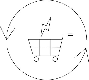 Çevrimiçi alışveriş ve e-ticaretin hızlandırılmış döngüsünü temsil eden dairesel bir okun içinde bir yıldırım taşıyan bir alışveriş arabasının çizimi..