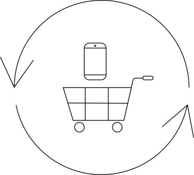 Çevrimiçi alışveriş döngüsünü temsil eden dairesel bir okla çevrili bir cep telefonuyla bir alışveriş arabasını tasvir eden basit bir çizgi çizimi..