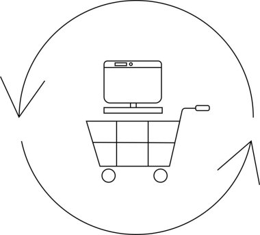 Alışveriş arabasındaki bilgisayarın basit bir çizgisi çizimi, çevrimiçi alışveriş döngüsünü temsil eden dairesel bir okla çevrili..