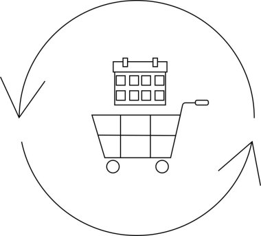 Dairesel okun içinde takvim simgesi olan bir alışveriş arabası. Tekrarlanan alışverişleri veya planlanmış alışverişleri temsil ediyor..