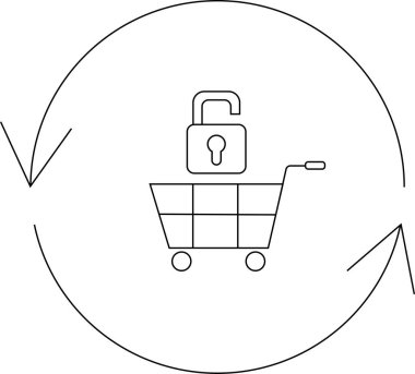Basit bir çizgi sanat ikonu, kilitli olmayan bir asma kilidi olan bir alışveriş arabasını tasvir ediyor. Dairesel oklarla çevrili, güvenli işlemleri ve veri korumasını temsil ediyor..