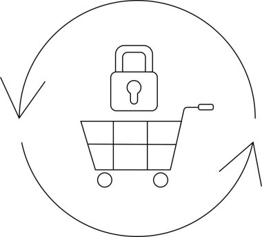 Dairesel okla çevrili asma kilitli bir alışveriş arabasının basit bir çizgisi çizimi çevrimiçi güvenli işlemleri sembolize ediyor..