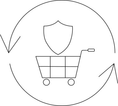 Yuvarlak oklarla çevrili, güvenli ve güvenilir bir alışveriş aracını temsil eden bir alışveriş arabasının basit bir çizgisi çizimi..
