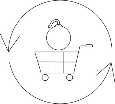 İçinde daire şeklinde oklarla çevrili bir bomba bulunan alışveriş arabası potansiyel riskleri veya alışverişle ilgili olumsuz sonuçları sembolize ediyor..
