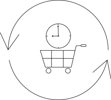 Dairesel okun içinde saati olan bir alışveriş arabası, verimli alışveriş, zaman yönetimi ve perakende döngüsünü sembolize ediyor. E-ticaret, satış ve tüketici davranışlarını resmetmek için ideal.