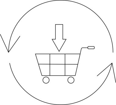 Yuvarlak bir okla çevrili, içine ok saplanmış bir alışveriş arabasının basit bir çizgisi çizimi..