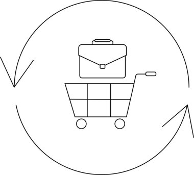 Üstünde evrak çantası olan bir alışveriş arabası. Dairesel bir okla çevrili. Ticari işlemleri ve ticareti temsil ediyor..