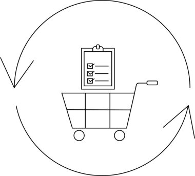 Alışveriş arabası ikonu, içinde kontrol listesi olan, dairesel bir okla çevrili, alışveriş ve düzen yönetimini simgeleyen.