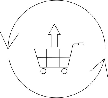 Yukarıyı gösteren bir okla çevrili bir alışveriş arabası çizimi alışverişi ve dönüşleri sembolize ediyor..