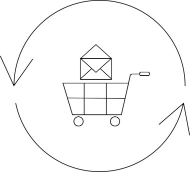 İçinde e-posta simgesi olan bir alışveriş arabası, dairesel oklarla çevrili, e-posta pazarlama ve müşteri ilişkilerini sembolize ediyor.