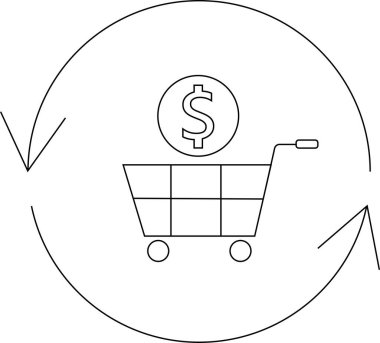 İçinde dolar işareti olan bir alışveriş arabasının basit bir çizgisi çizimi. Dairesel oklarla çevrili. Ticareti veya işlemleri temsil ediyor..