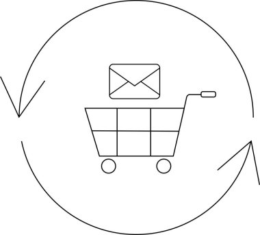 E- posta ikonu olan, pazarlama ve e-ticaret kavramlarını temsil eden, dairesel bir okla çevrili bir alışveriş arabası tasviri.