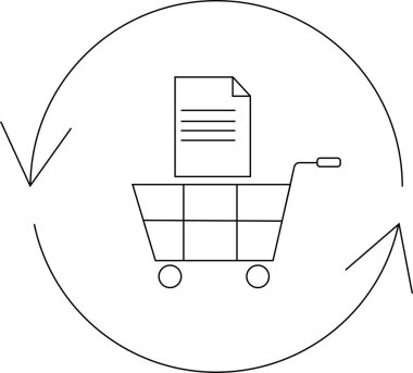 Yuvarlak oklarla çevrili, e-ticareti veya çevrimiçi işlemleri temsil eden, üzerinde belge olan bir alışveriş arabası simgesi.