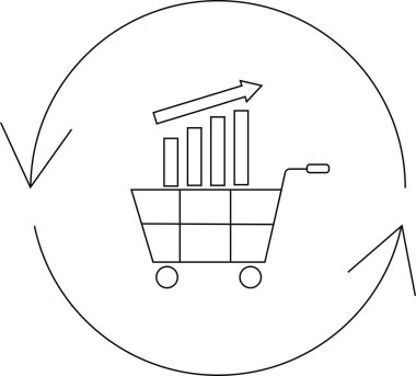 Yuvarlak oklarla çevrili bir büyüme tablosu içeren bir alışveriş arabası, satış büyümesini ve iş döngülerini sembolize ediyor..