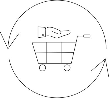 Üzerinde el sallayan bir alışveriş arabasının basit bir çizgisi çizimi. Dairesel oklarla çevrili. Ticareti ve takası simgeliyor..