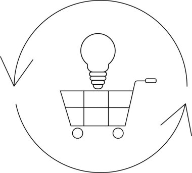 İçinde ampul olan bir alışveriş arabası. Etrafı dairesel bir okla çevrili. Perakende satışlardaki yenilikleri simgeliyor..