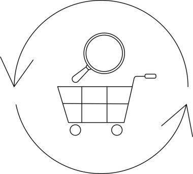 Bir alışveriş arabasının minimalist çizgisi içinde büyüteç olan, dairesel oklarla çevrili, arama ve alışveriş merkezlerini sembolize eden bir resim çizimi..