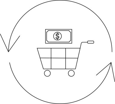 Yuvarlak oklarla çevrili, üzerinde bir dolar banknot olan bir alışveriş arabasının basit bir çizgisi çizimi, bir harcama veya ticaret döngüsü ortaya koyuyor..