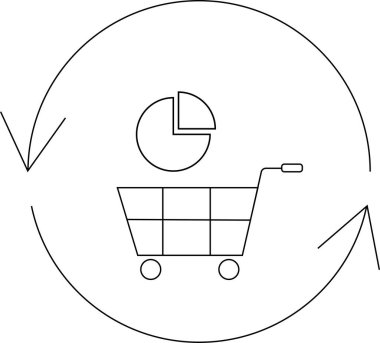 İçinde turta grafiği olan bir alışveriş arabası ikonu. Dairesel oklarla çevrili. Satış analizlerini ve iş döngülerini simgeliyor..