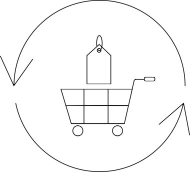 Dairesel oklarla çevrili bir alışveriş arabasının basit bir çizimi alışveriş ya da perakende kavramlarını akla getiriyor..