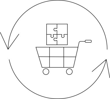 İçinde bulmaca parçaları olan bir alışveriş arabası. Dairesel bir okla çevrili. Satın alma ve problem çözme döngüsünü temsil ediyor..