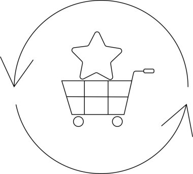 Yıldız ikonu ve dairesel okla alışveriş arabası, sürekli alışveriş ve müşteri memnuniyetini simgeliyor..