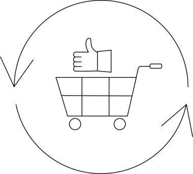 Yuvarlak bir okla çevrelenmiş, başparmakları havada bir alışveriş arabasının basit bir çizgisi çizimi..