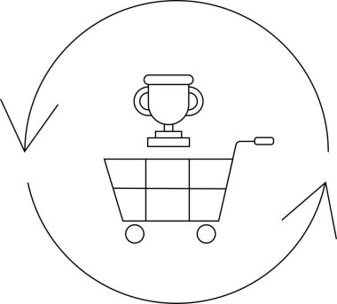 İçinde bir kupa olan alışveriş arabası, dairesel bir okla çevrili, e-ticaret başarısını ve müşteri sadakatini simgeliyor..
