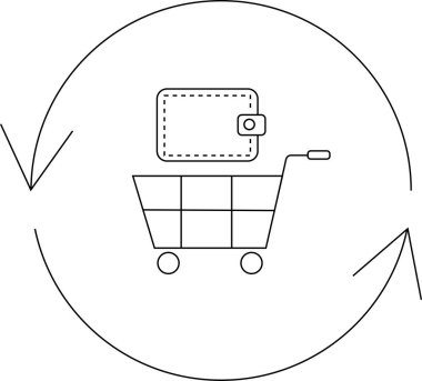 Cüzdanı olan bir alışveriş arabasının basit bir çizgisi çizimi e-ticareti, online alışverişi ve finansal işlemleri simgeliyor..