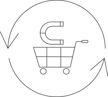 Bir mıknatısı gösteren basit bir çizgi sanat simgesi bir alışveriş arabasını çekiyor, müşteri çekimini ve satış büyümesini simgeliyor..