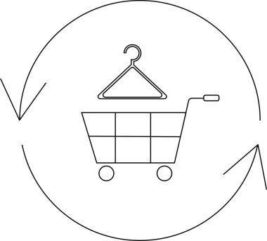 Dairesel modayı temsil eden minimalist bir çizgi sanat ikonu, etrafında dairesel bir okla çevrili elbise askısı olan bir alışveriş arabası..