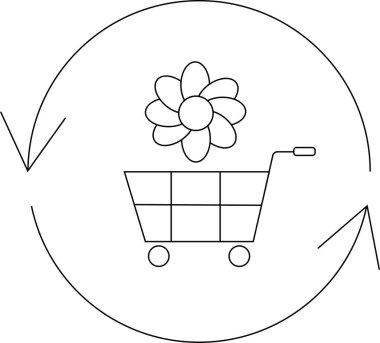 Dairesel bir okun içinde çiçek taşıyan bir alışveriş arabası, perakende, alışveriş ve potansiyel çevresel bilinç veya büyümeyi simgeliyor..