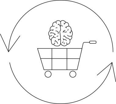 Alışveriş arabasının içindeki beyni gösteren bir çizgi çizimi, dairesel oklarla çevrili, akıllı alışveriş veya tüketici davranışı gibi kavramları temsil eden.