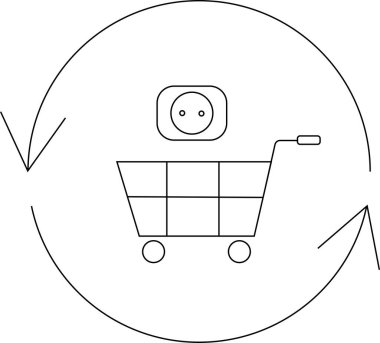 Elektrik prizli bir alışveriş arabasının yer aldığı basit bir çizgi sanat ikonu, çevrimiçi alışveriş ve e-ticarette yenilenebilir enerjiye geçişi sembolize ediyor..