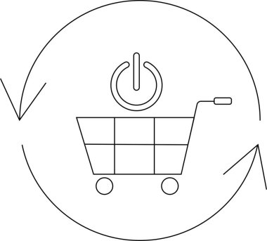 Üzerinde oklarla çevrili, e-ticareti ve online alışverişi temsil eden güç düğmesi olan bir alışveriş arabasının minimalist çizgisi çizimi..