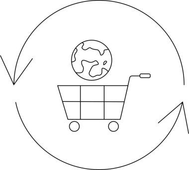 İçinde yuvarlak oklarla çevrili, küresel ticareti ve uluslararası alışverişi temsil eden bir alışveriş arabasının basit bir çizgisi çizimi..