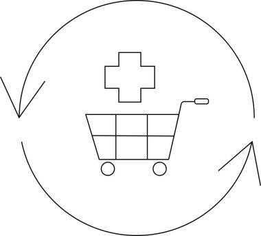 İçinde çapraz bir sembol olan bir alışveriş arabası. Daire şeklinde oklarla çevrili. Sağlık hizmetleri alışverişini ya da tıbbi malzemeleri temsil ediyor..
