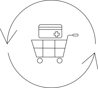 Simge, üzerinde sağlık kartı olan, dairesel oklarla çevrili bir alışveriş arabası tasvir ediyor. Sağlık hizmetleri alımlarını ve döngüsel süreçleri sembolize ediyor..