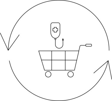 Serum serumlu bir alışveriş arabası, sağlık hizmetleri perakende ve tıbbi alışverişi sembolize ediyor. Görüntü, ticaret ve sağlık hizmetlerinin kesişimini temsil ediyor..