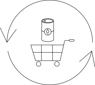 Bir alışveriş arabasında, geri dönüşüm oklarıyla çevrili siyah beyaz bir yağ varili çizimi..