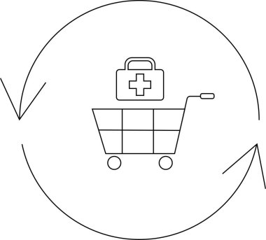 Tıbbi malzemelerin alımını ve depolanmasını sembolize eden dairesel bir okla çevrili tıbbi malzeme içeren bir alışveriş arabası ikonu..