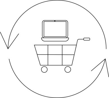Çevresindeki oklarla çevrimiçi alışveriş döngüsünü temsil eden alışveriş arabasındaki dizüstü bilgisayarın basit bir çizimi..