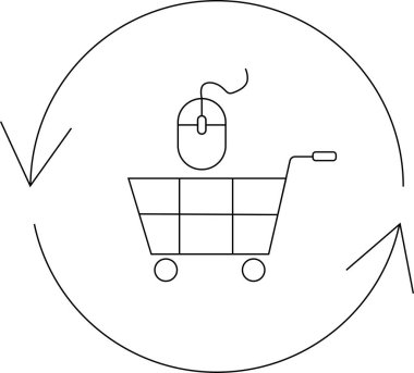 İçinde bilgisayar faresi olan bir alışveriş arabası, çevrimiçi alışveriş döngüsünü ve e-ticaret süreçlerini sembolize eden dairesel bir okla çevrili..