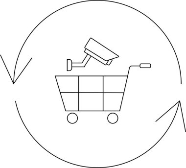 Bir güvenlik kamerası dairesel okla çevrili bir alışveriş arabasını izliyor. Bu da izleme ve perakende güvenliği öneriyor..