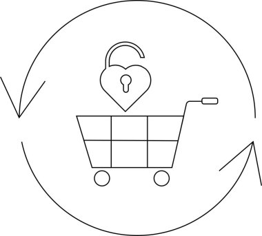 Yuvarlak oklarla çevrili, üzerinde kalp şeklinde bir kilit olan bir alışveriş arabasının çizgisi çizimi güvenli çevrimiçi işlemleri ve veri korumasını simgeliyor..